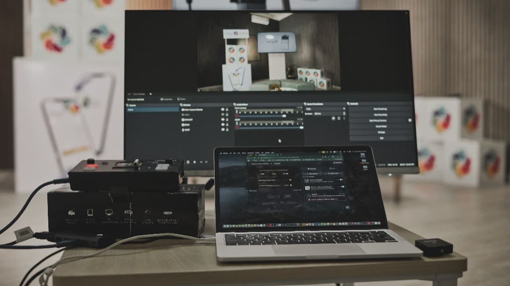 Live production workstation with stream software, switcher hardware, and program monitor
